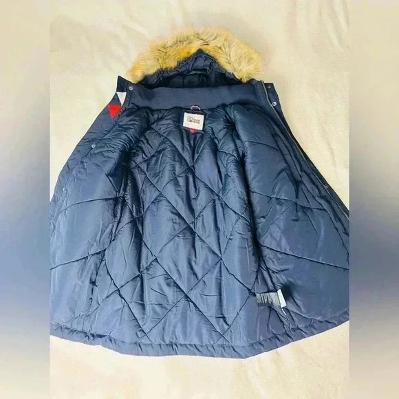Tommy Hilfiger Navy Blue Parka with Faux Fur Hood Size Large - Picture 6 of 13
